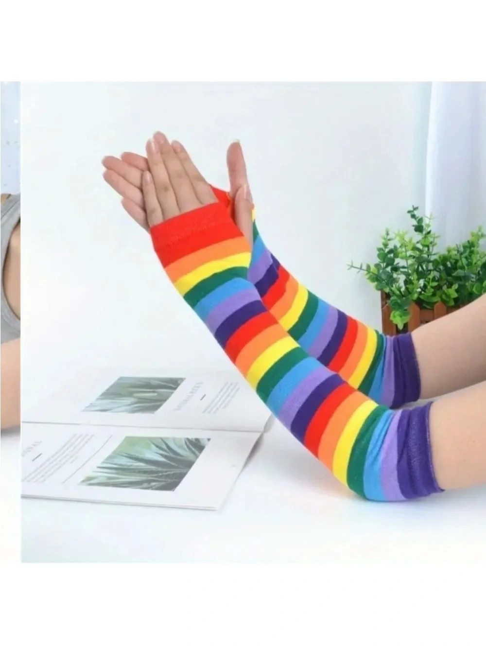 Rainbow fingerless gloves sleeves thumb hole multicolor accessory lgbtq
